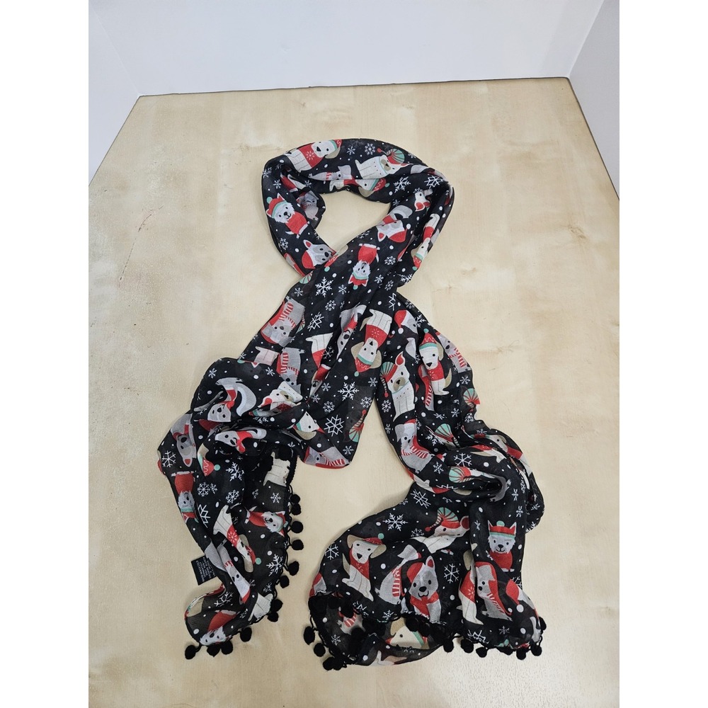 Christmas Dog Scarf Black Holiday Winter Snowflake Puppies Pompom Trim